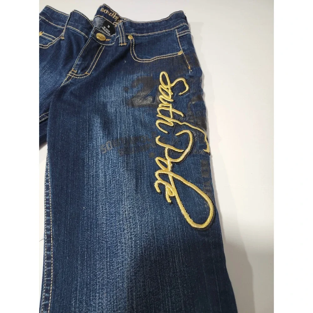Southpole Y2K Womens Flare Jeans Dark Wash Gold Embroidered Streetwear Size 9